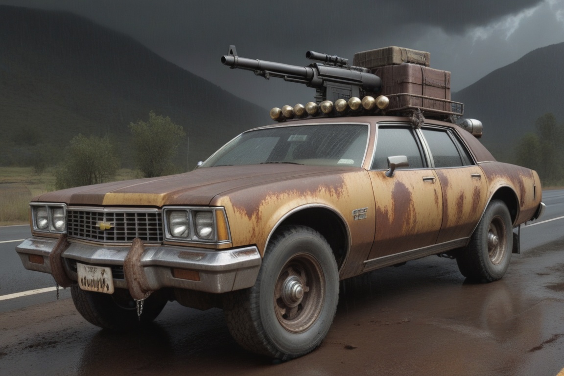 Chevrolet Caprice Classic,  6 bigfoot car wheels,  **** gun in the trunk on Tensor.Art