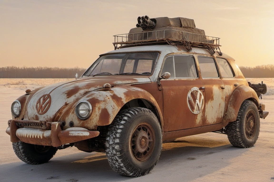 diy rusty car,  4 bigfoot car wheels,  automatic **** machinegun on the car roof on Tensor.Art