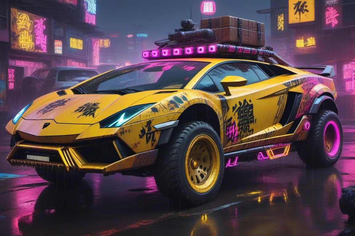 yellow Lamborghini Gallardo offroad style,  4 bigfoot car wheels,  automatic **** machinegun on the car roof on Tensor.Art