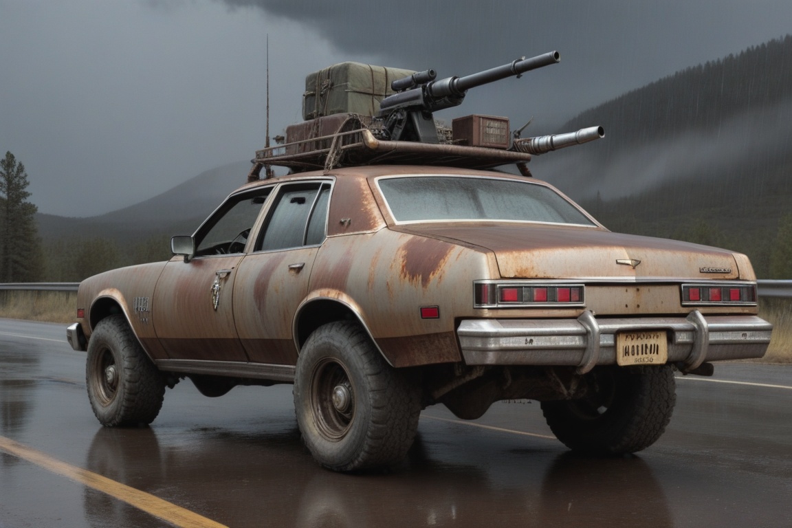 Chevrolet Caprice Classic,  6 bigfoot car wheels,  **** gun in the trunk on Tensor.Art