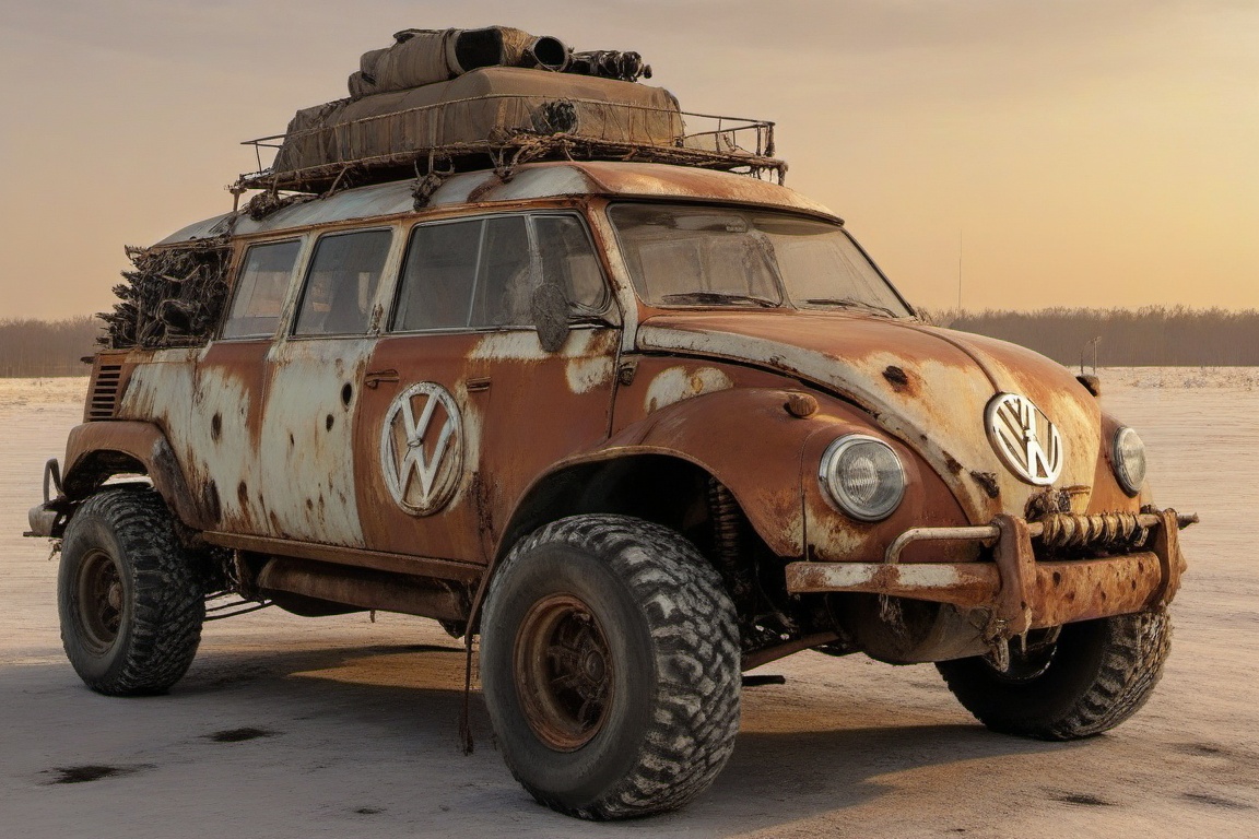 diy rusty car,  4 bigfoot car wheels,  automatic **** machinegun on the car roof on Tensor.Art