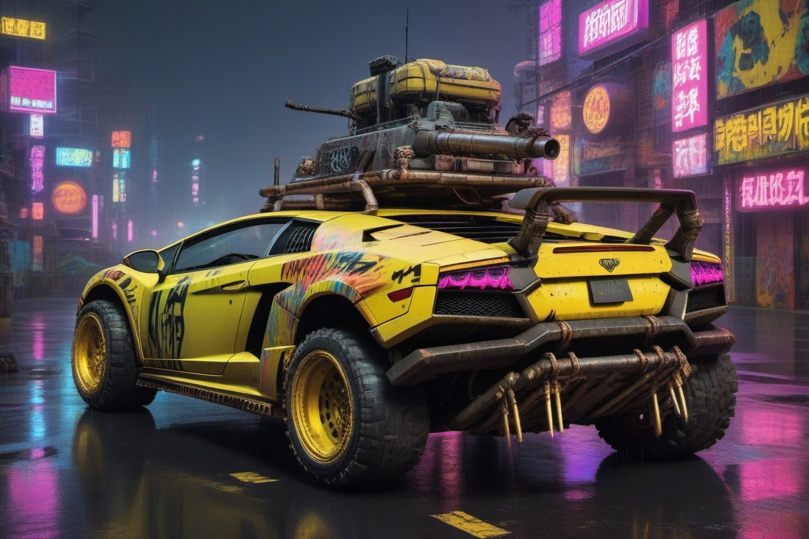 yellow Lamborghini Gallardo offroad style,  4 bigfoot car wheels,  automatic **** machinegun on the car roof on Tensor.Art