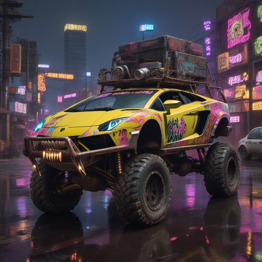 rusty yellow Lamborghini Gallardo offroad style,  4 bigfoot car wheels,  pickup truck on Tensor.Art