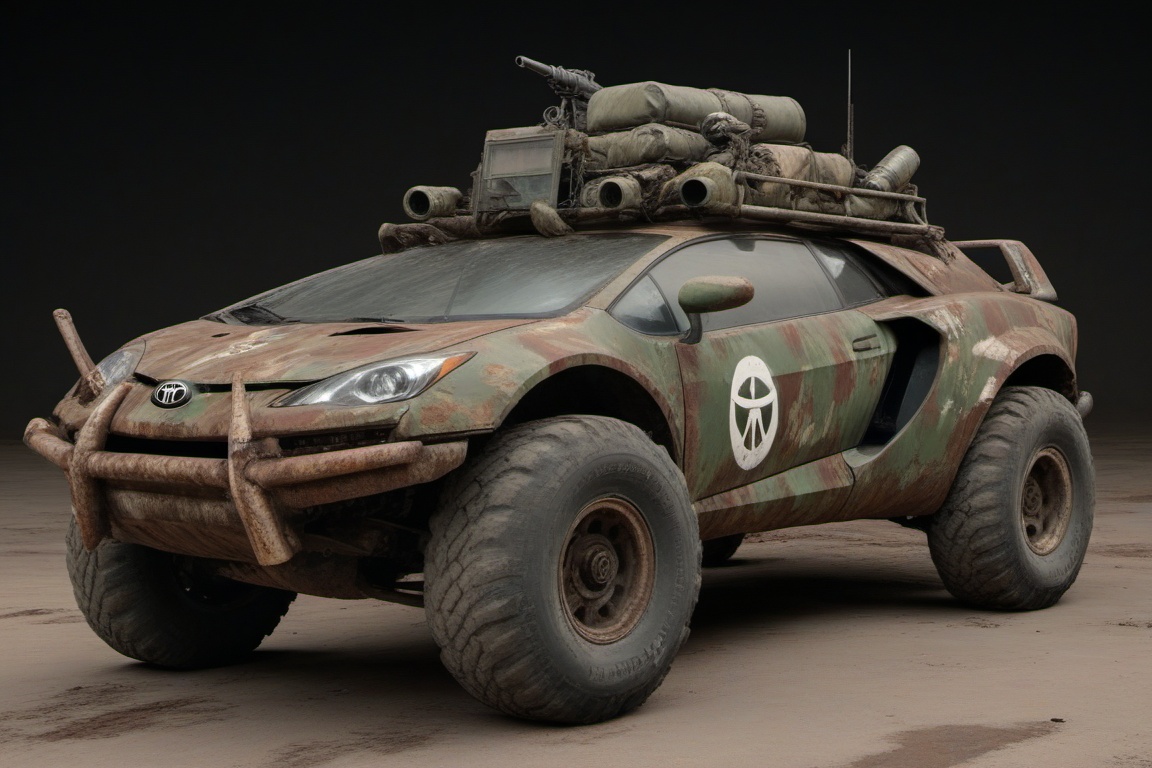 dented and beaten reno toyota,  4 bigfoot car wheels,  automatic **** machinegun on the car roof on Tensor.Art