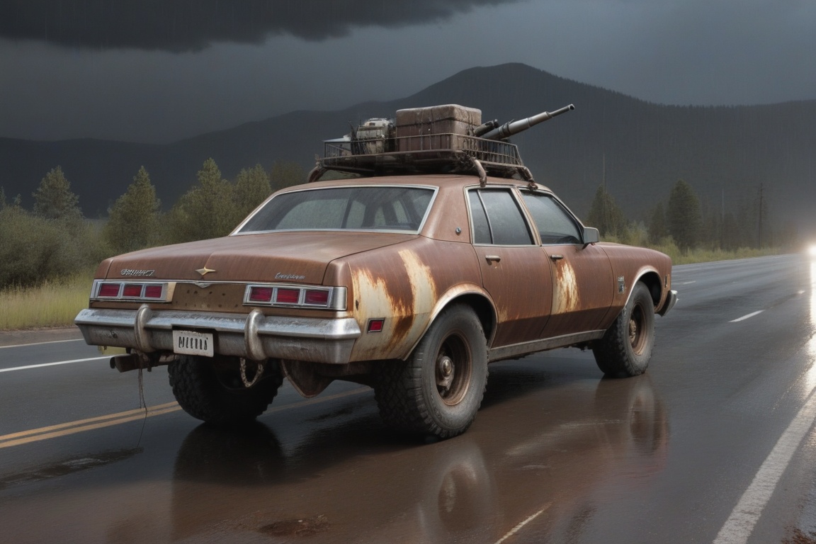 Chevrolet Caprice Classic,  6 bigfoot car wheels,  **** gun in the trunk on Tensor.Art