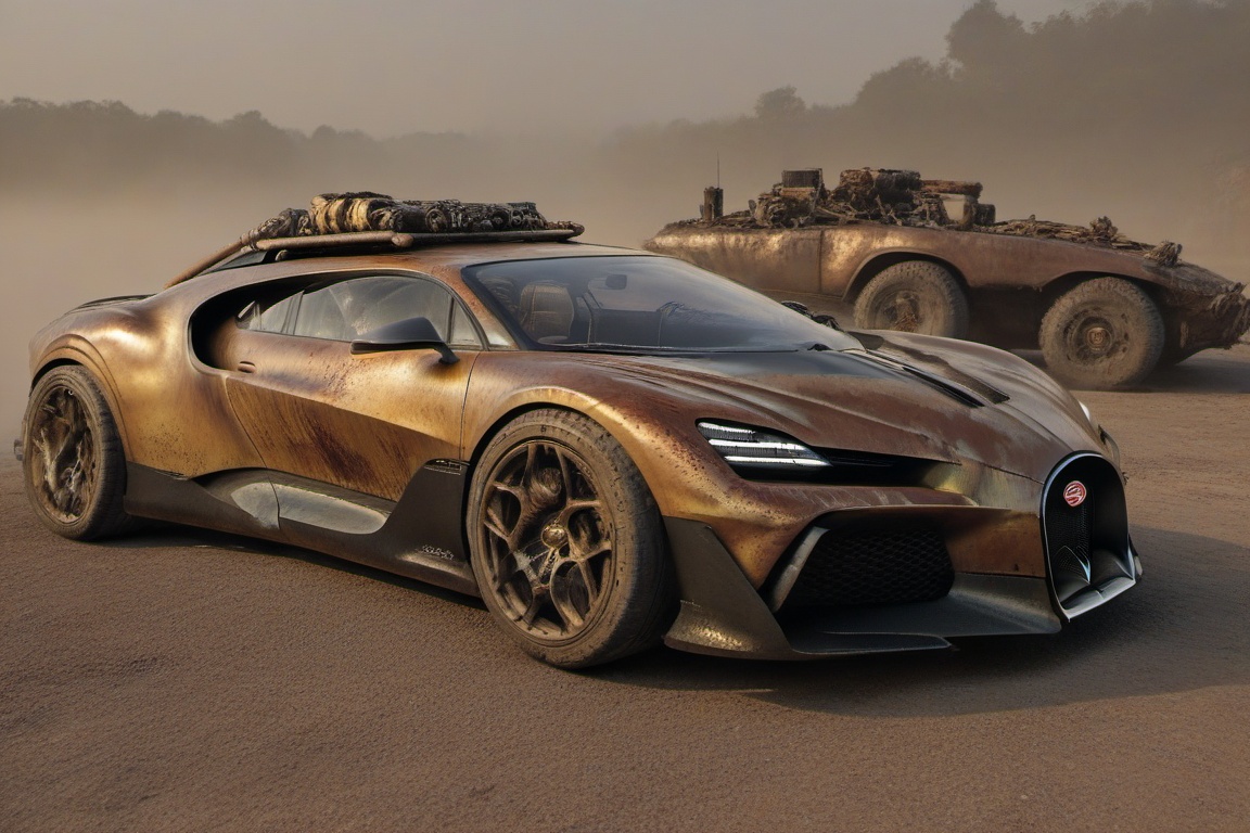 diy rusty car,  4 bigfoot car wheels,  automatic **** machinegun on the car roof on Tensor.Art