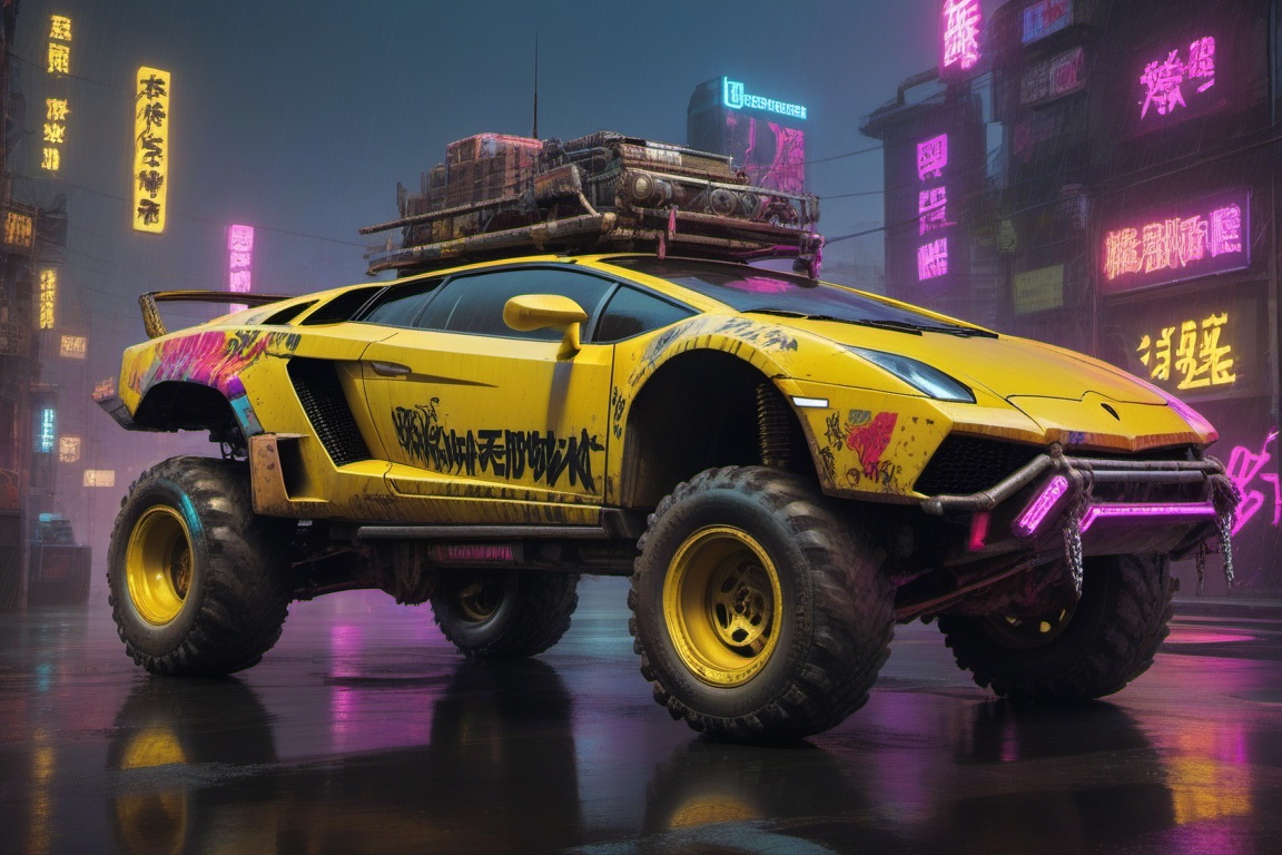 yellow Lamborghini Gallardo offroad style,  4 bigfoot car wheels,  automatic **** machinegun on the car roof on Tensor.Art