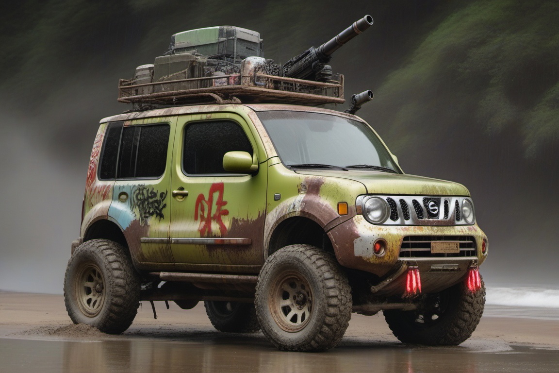 silver nissan cube offroad style,  4 bigfoot offroad wheels,  automatic **** machinegun on the car roof on Tensor.Art