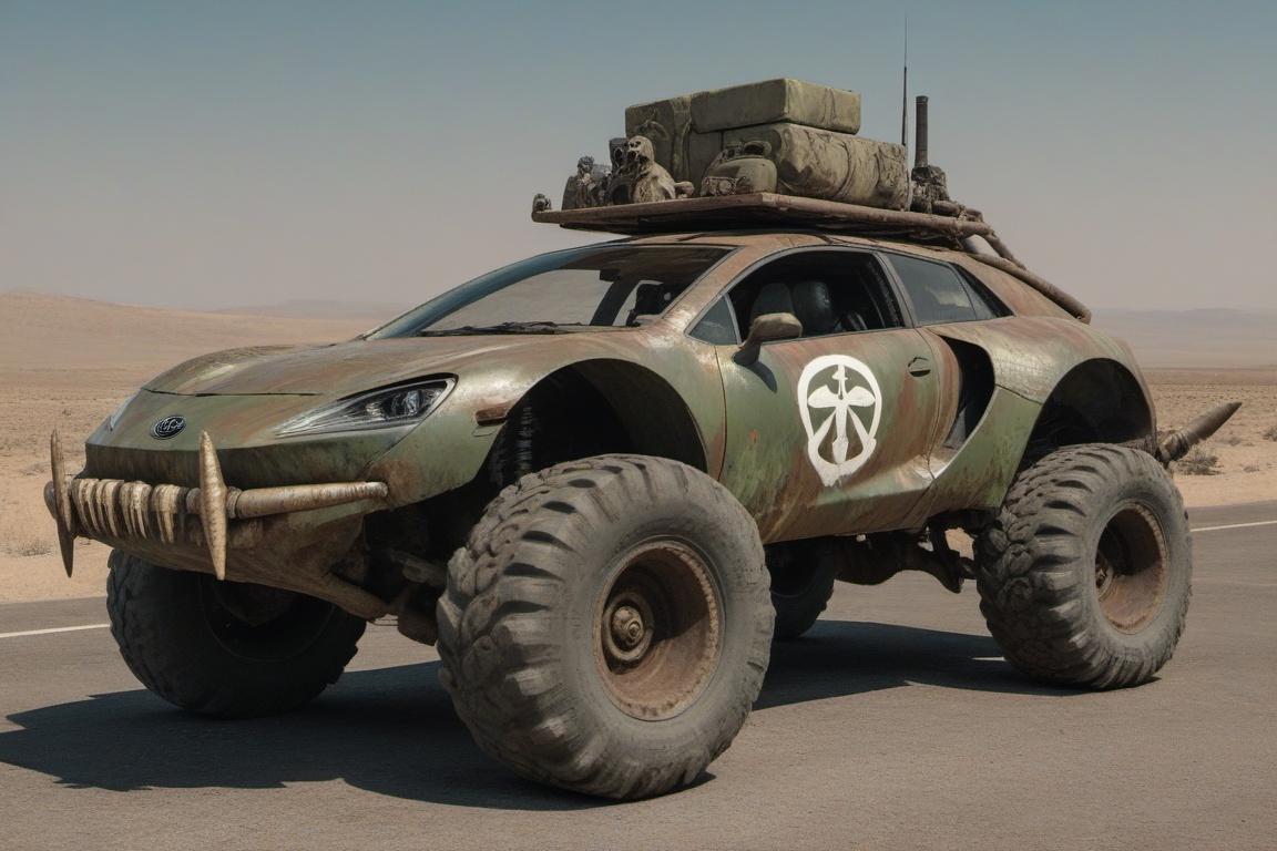 dented and beaten reno toyota,  4 bigfoot car wheels,  automatic **** machinegun on the car roof on Tensor.Art
