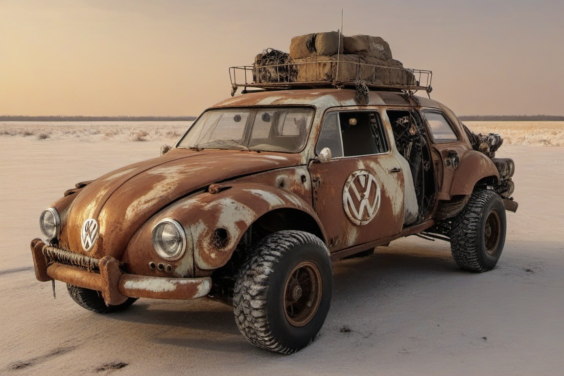 diy rusty car,  4 bigfoot car wheels,  automatic **** machinegun on the car roof on Tensor.Art
