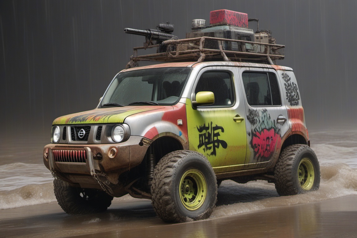 silver nissan cube offroad style,  4 bigfoot offroad wheels,  automatic **** machinegun on the car roof on Tensor.Art