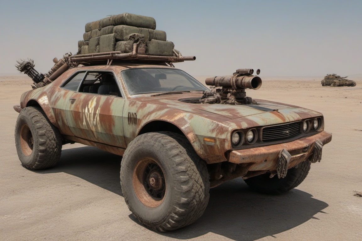 rusty damaged Chrysler,  4 bigfoot car wheels,  automatic **** machinegun on the car roof on Tensor.Art
