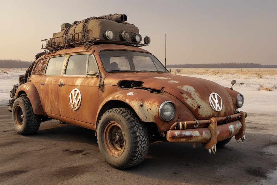diy rusty car,  4 bigfoot car wheels,  automatic **** machinegun on the car roof on Tensor.Art