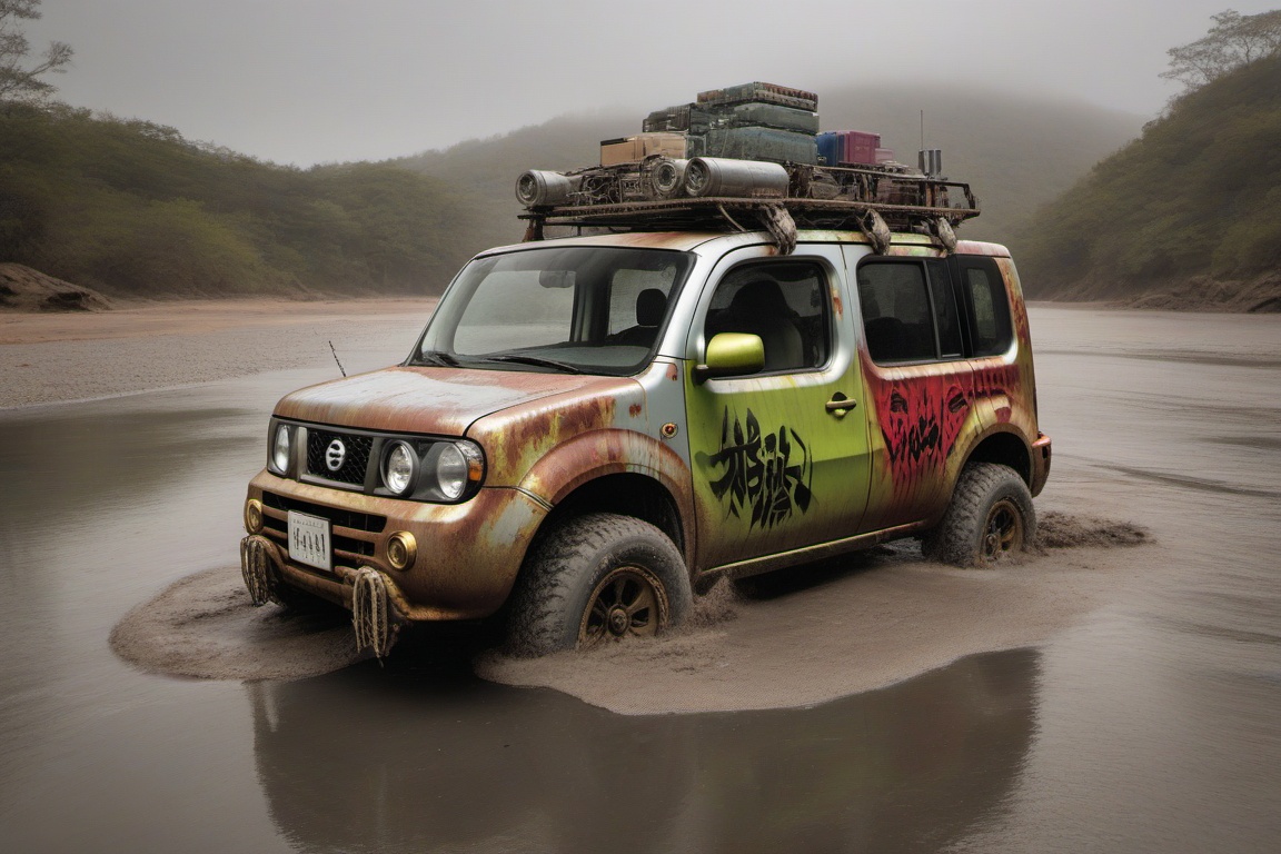 silver nissan cube offroad style,  4 bigfoot offroad wheels,  automatic **** machinegun on the car roof on Tensor.Art