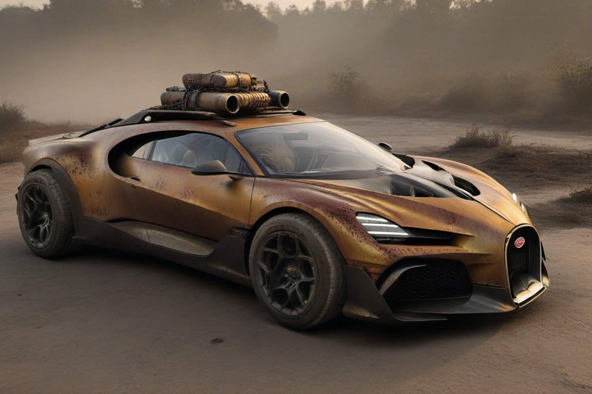 diy rusty car,  4 bigfoot car wheels,  automatic **** machinegun on the car roof on Tensor.Art