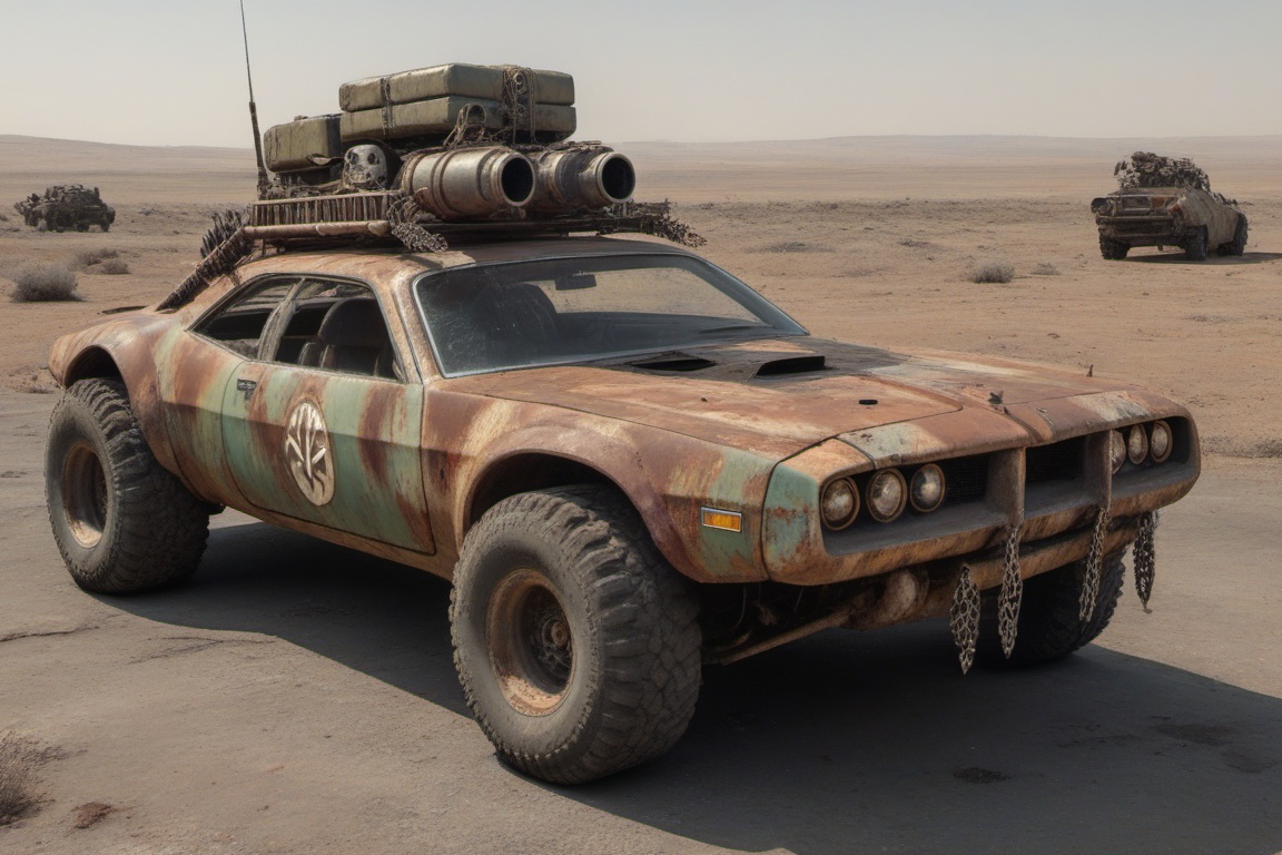 rusty damaged Chrysler,  4 bigfoot car wheels,  automatic **** machinegun on the car roof on Tensor.Art