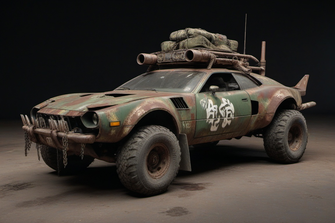 dented and beaten reno toyota,  4 bigfoot car wheels,  automatic **** machinegun on the car roof on Tensor.Art