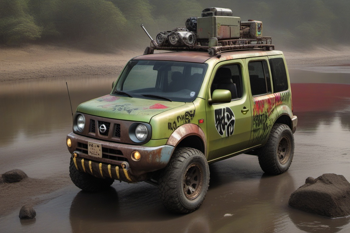 silver nissan cube offroad style,  4 bigfoot offroad wheels,  automatic **** machinegun on the car roof on Tensor.Art