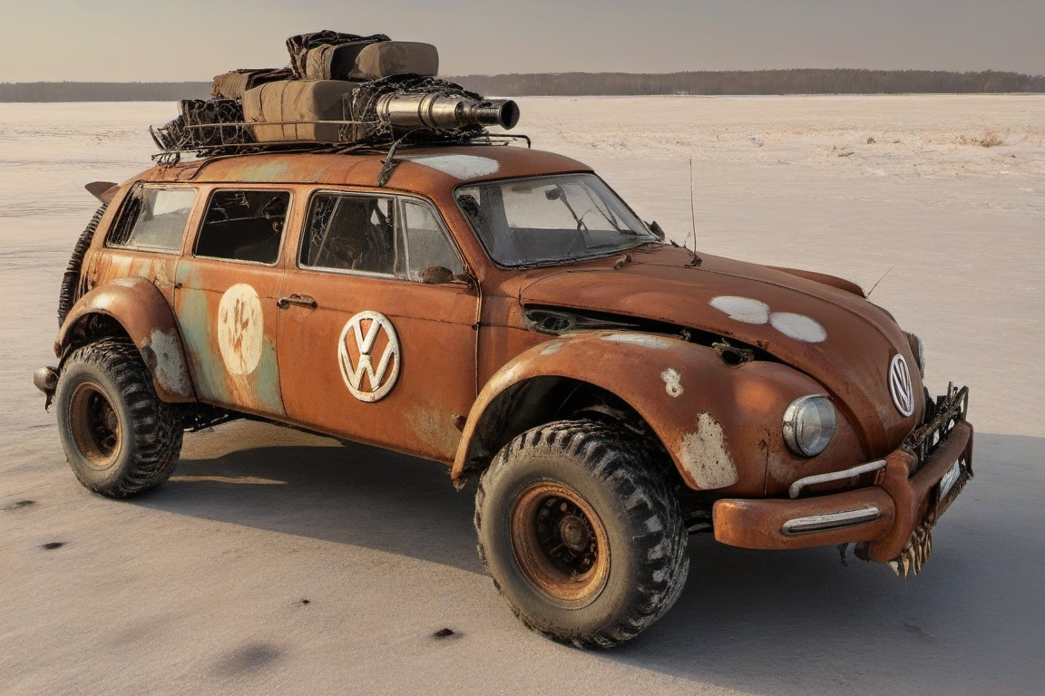 diy rusty car,  4 bigfoot car wheels,  automatic **** machinegun on the car roof on Tensor.Art