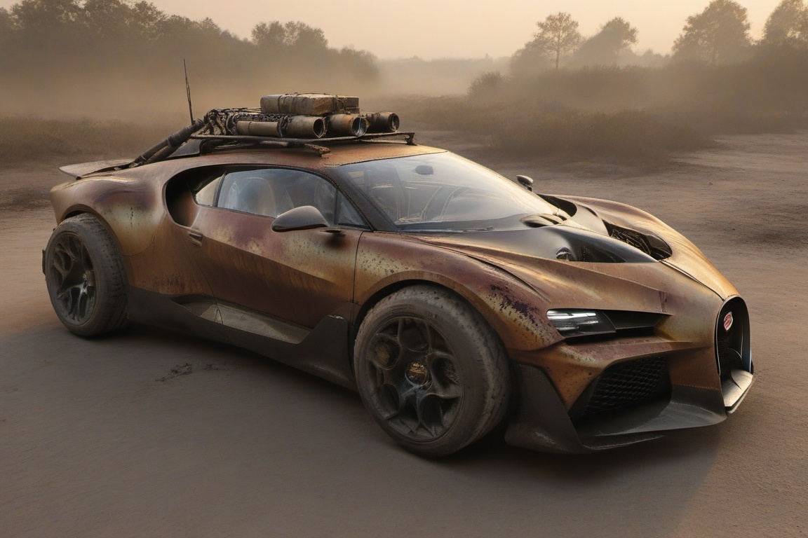 diy rusty car,  4 bigfoot car wheels,  automatic **** machinegun on the car roof on Tensor.Art
