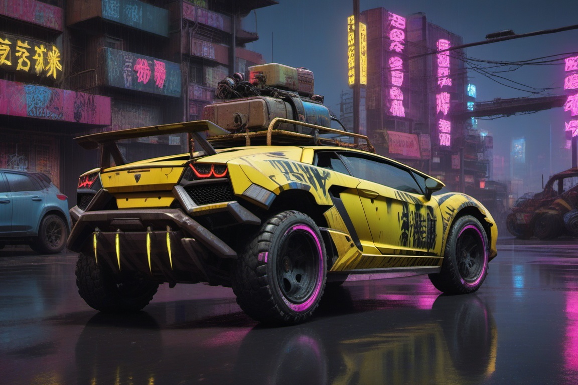 yellow Lamborghini Gallardo offroad style,  4 bigfoot car wheels,  automatic **** machinegun on the car roof on Tensor.Art