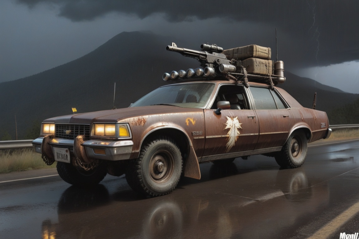 Chevrolet Caprice Classic,  6 bigfoot car wheels,  **** gun in the trunk on Tensor.Art