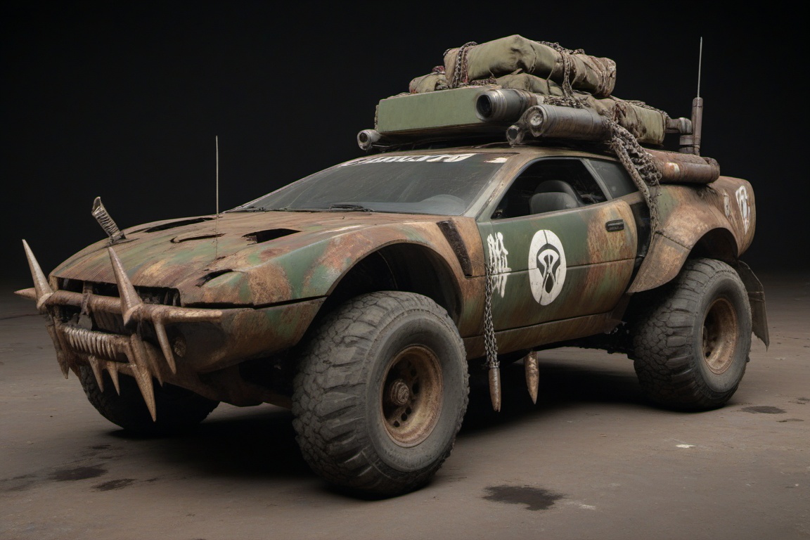 dented and beaten reno toyota,  4 bigfoot car wheels,  automatic **** machinegun on the car roof on Tensor.Art