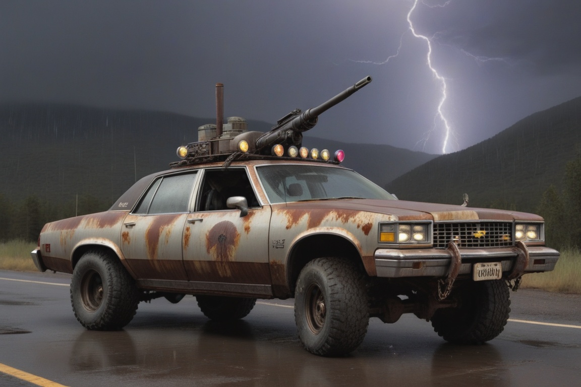 Chevrolet Caprice Classic,  6 bigfoot car wheels,  **** gun in the trunk on Tensor.Art