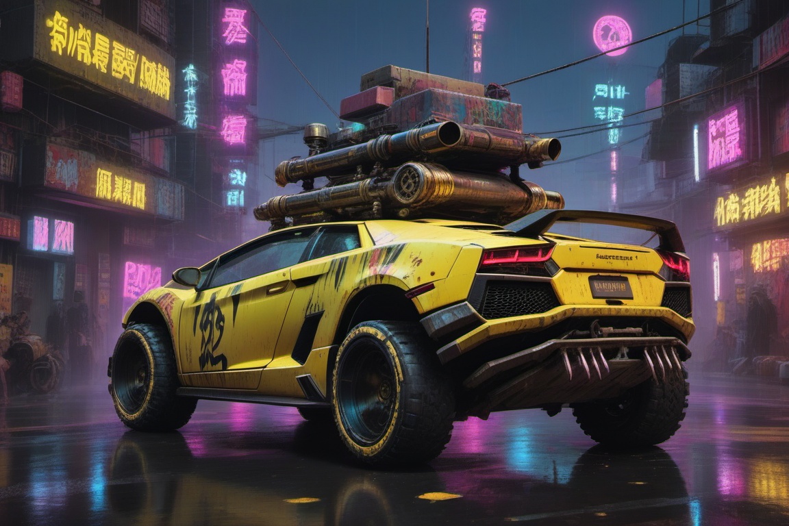 yellow Lamborghini Gallardo offroad style,  4 bigfoot car wheels,  automatic **** machinegun on the car roof on Tensor.Art