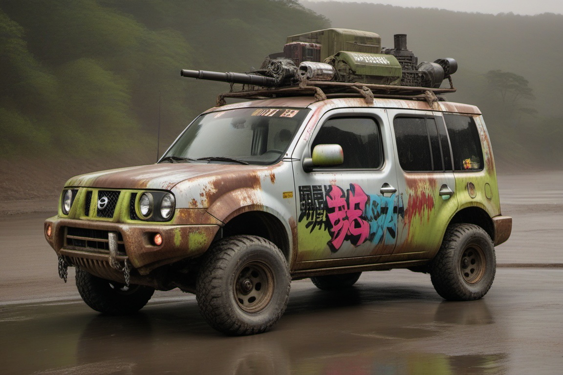 silver nissan cube offroad style,  4 bigfoot offroad wheels,  automatic **** machinegun on the car roof on Tensor.Art