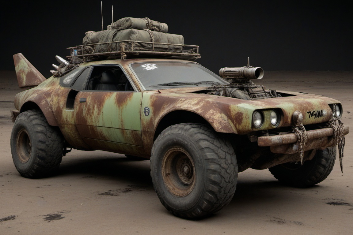 dented and beaten reno toyota,  4 bigfoot car wheels,  automatic **** machinegun on the car roof on Tensor.Art