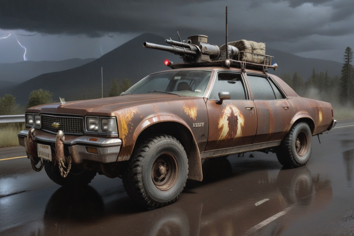 Chevrolet Caprice Classic,  6 bigfoot car wheels,  **** gun in the trunk on Tensor.Art