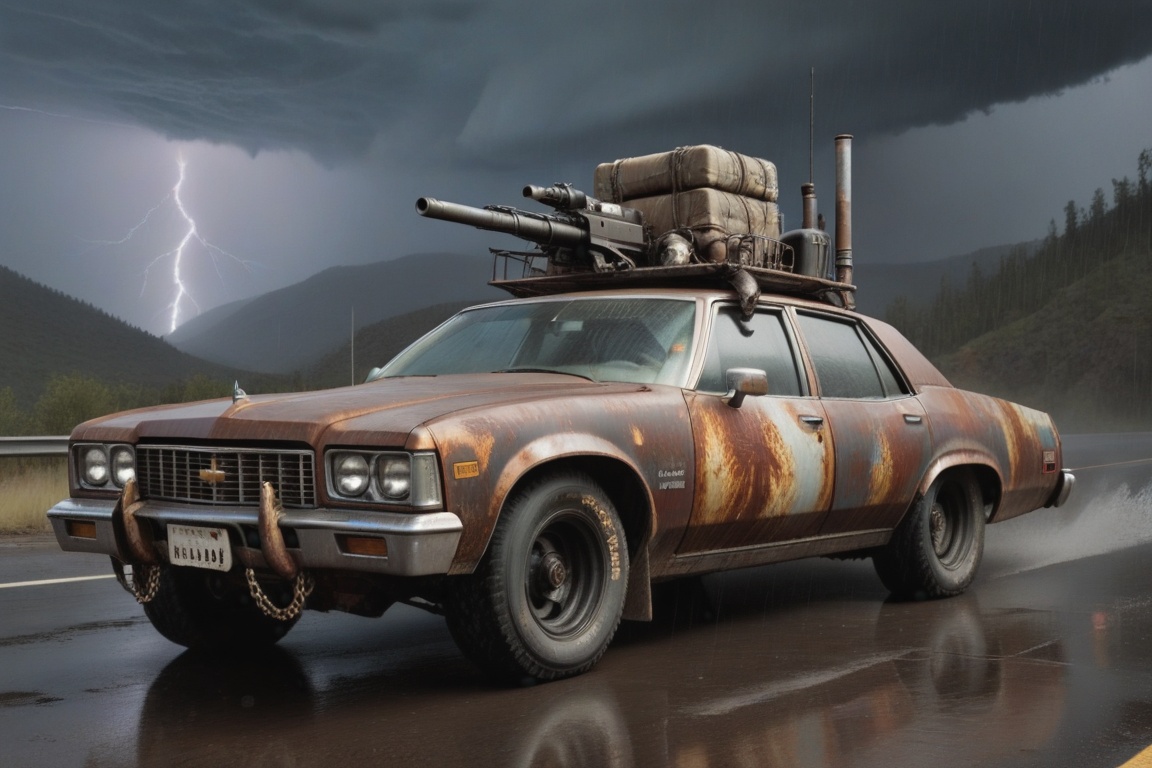Chevrolet Caprice Classic,  6 bigfoot car wheels,  **** gun in the trunk on Tensor.Art