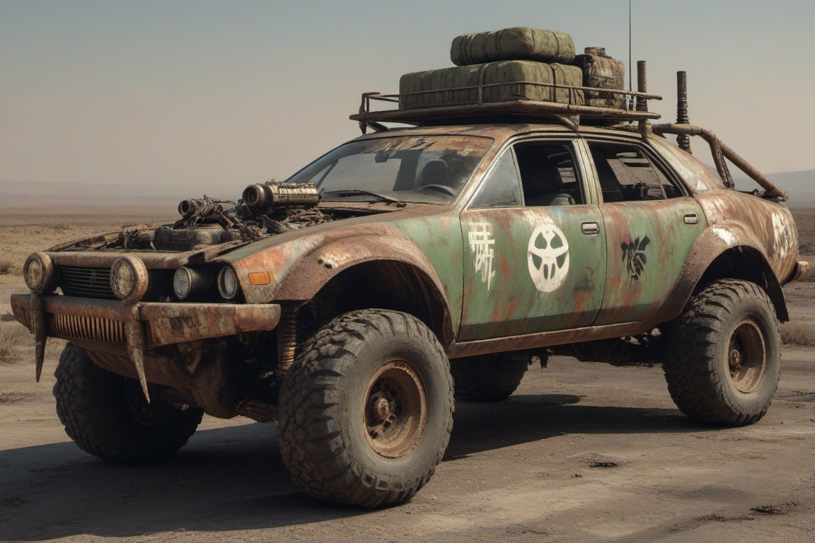 dented and beaten reno toyota,  4 bigfoot car wheels,  automatic **** machinegun on the car roof on Tensor.Art