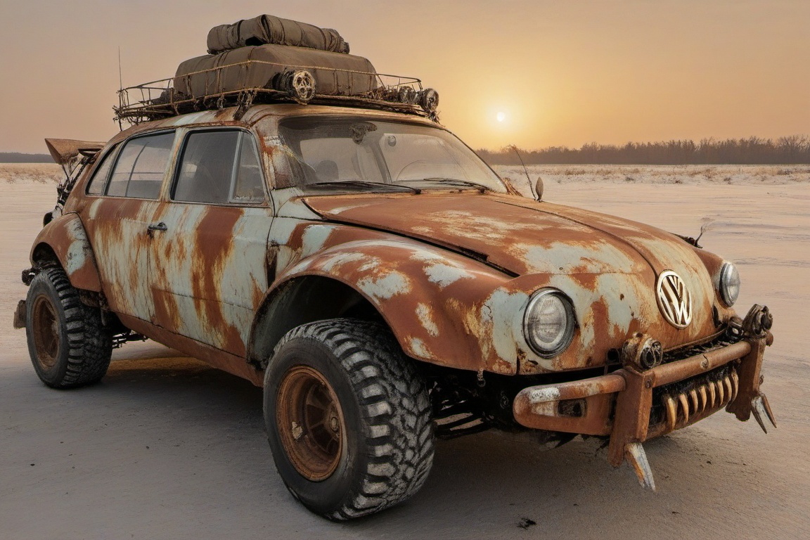 diy rusty car,  4 bigfoot car wheels,  automatic **** machinegun on the car roof on Tensor.Art
