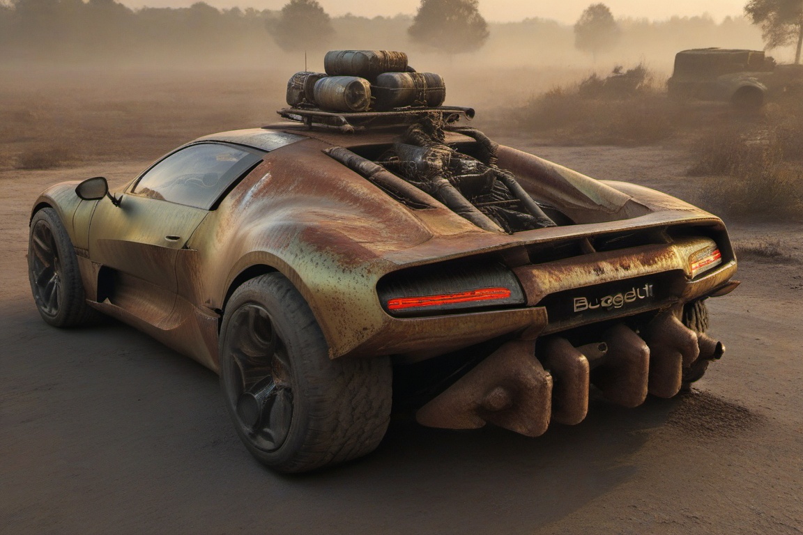 diy rusty car,  4 bigfoot car wheels,  automatic **** machinegun on the car roof on Tensor.Art