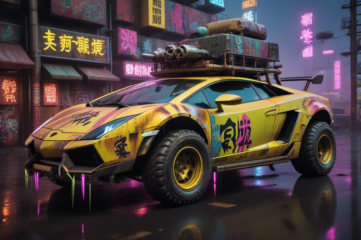 yellow Lamborghini Gallardo offroad style,  4 bigfoot car wheels,  automatic **** machinegun on the car roof on Tensor.Art