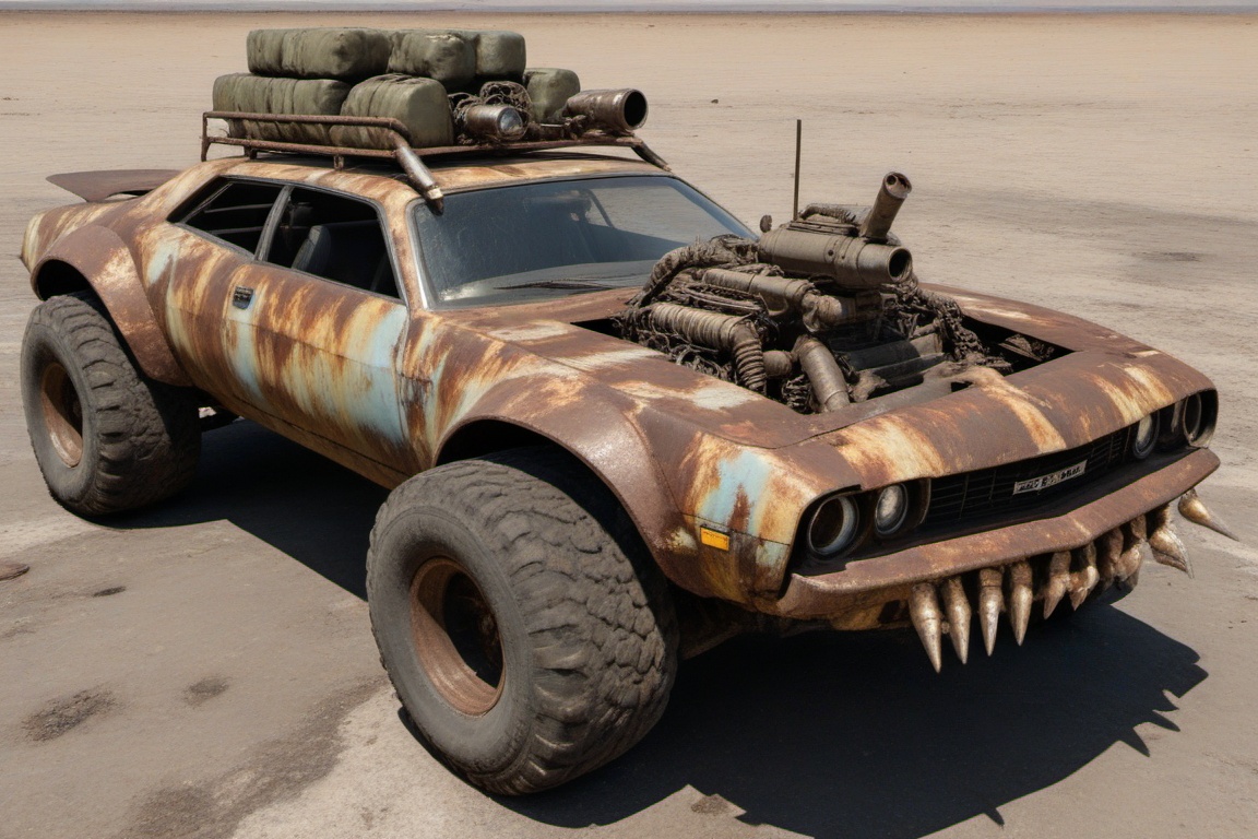 rusty damaged Chrysler,  4 bigfoot car wheels,  automatic **** machinegun on the car roof on Tensor.Art