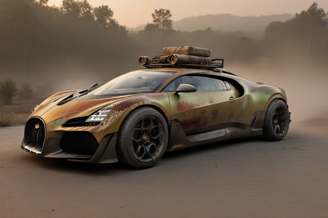 diy rusty car,  4 bigfoot car wheels,  automatic **** machinegun on the car roof on Tensor.Art