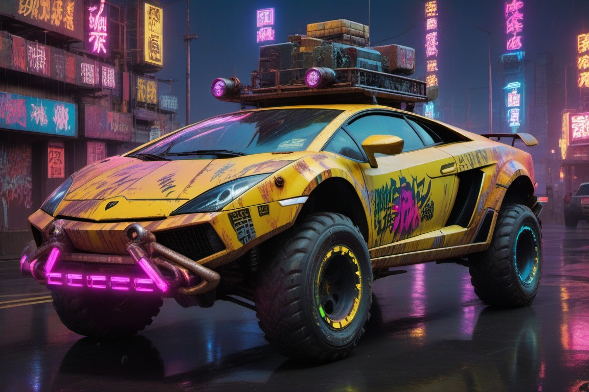 yellow Lamborghini Gallardo offroad style,  4 bigfoot car wheels,  automatic **** machinegun on the car roof on Tensor.Art