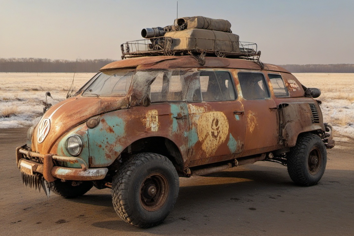 diy rusty car,  4 bigfoot car wheels,  automatic **** machinegun on the car roof on Tensor.Art