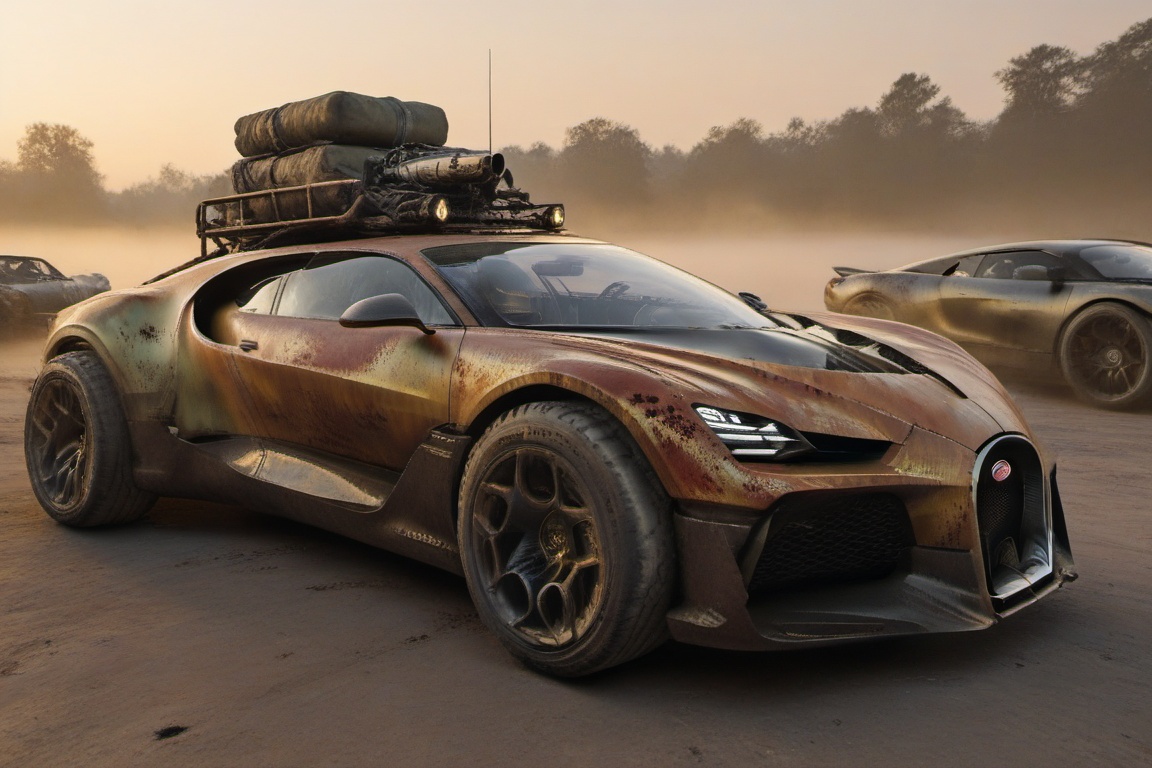 diy rusty car,  4 bigfoot car wheels,  automatic **** machinegun on the car roof on Tensor.Art