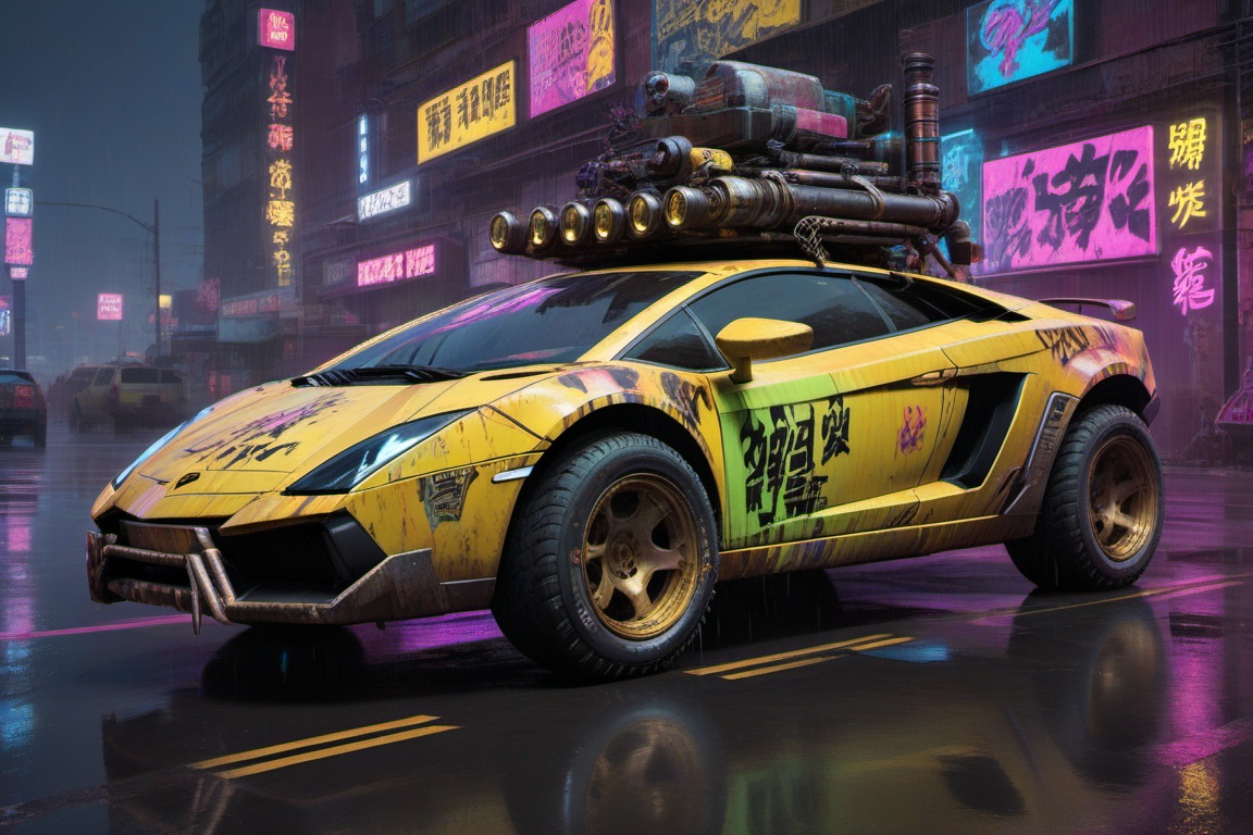 yellow Lamborghini Gallardo offroad style,  4 bigfoot car wheels,  automatic **** machinegun on the car roof on Tensor.Art
