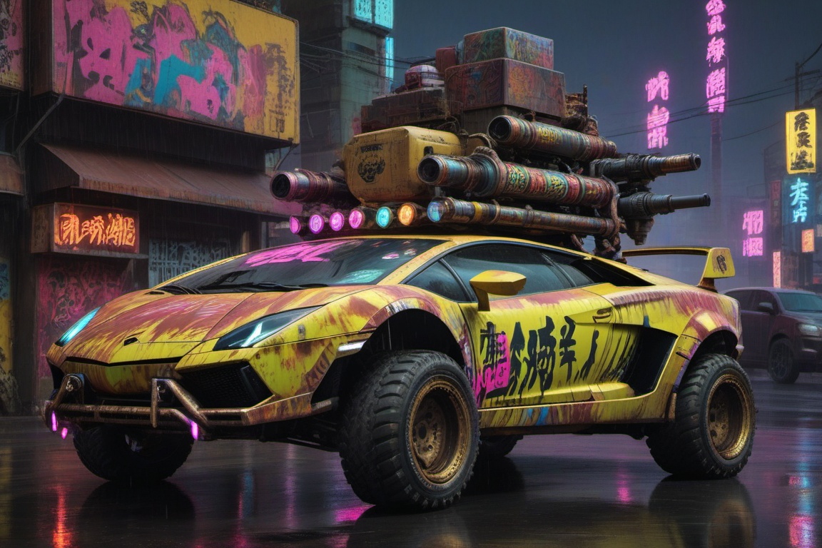 yellow Lamborghini Gallardo offroad style,  4 bigfoot car wheels,  automatic **** machinegun on the car roof on Tensor.Art