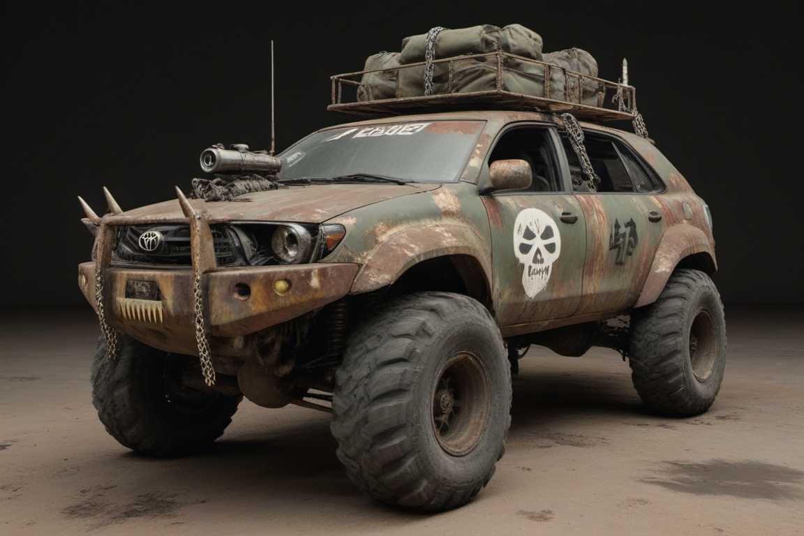 dented and beaten reno toyota,  4 bigfoot car wheels,  automatic **** machinegun on the car roof on Tensor.Art