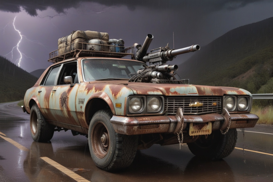 Chevrolet Caprice Classic,  6 bigfoot car wheels,  **** gun in the trunk on Tensor.Art