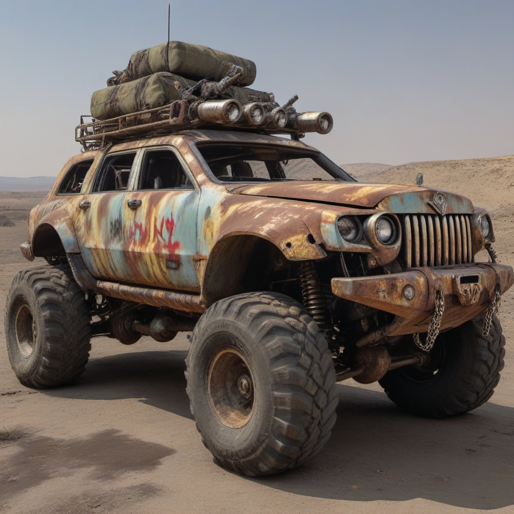 rusty damaged Chrysler,  pickup truck,  monster truck wheels on Tensor.Art