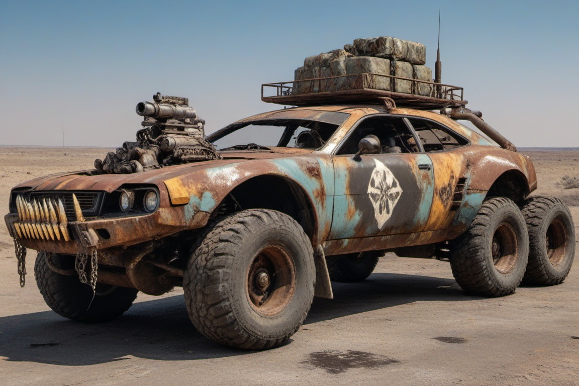 rusty damaged Chrysler,  4 bigfoot car wheels,  automatic **** machinegun on the car roof on Tensor.Art