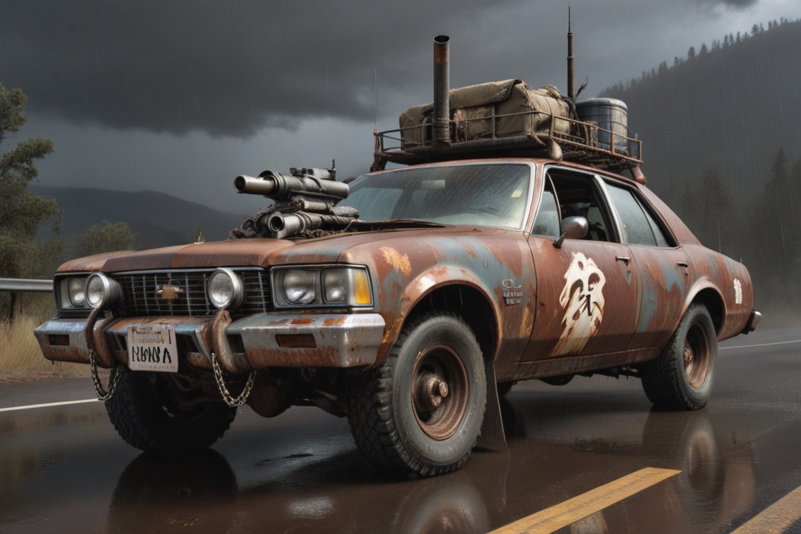 Chevrolet Caprice Classic,  6 bigfoot car wheels,  **** gun in the trunk on Tensor.Art