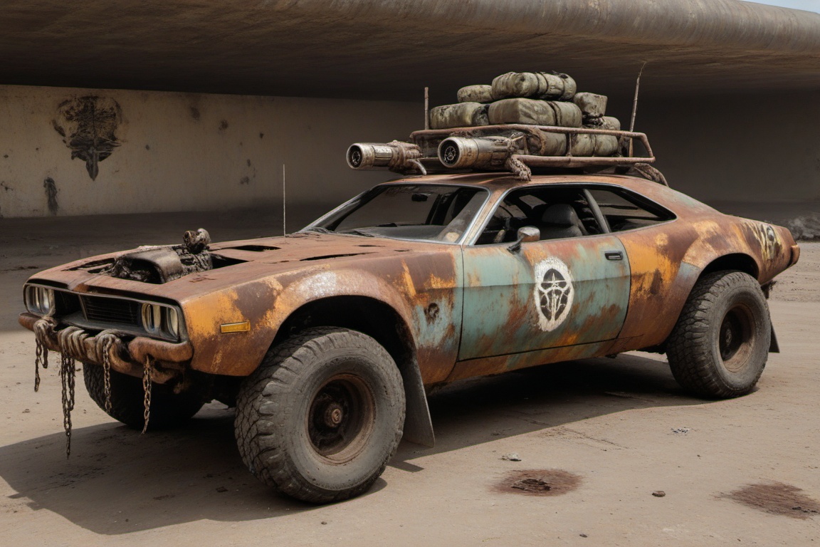 rusty damaged Chrysler,  4 bigfoot car wheels,  automatic **** machinegun on the car roof on Tensor.Art